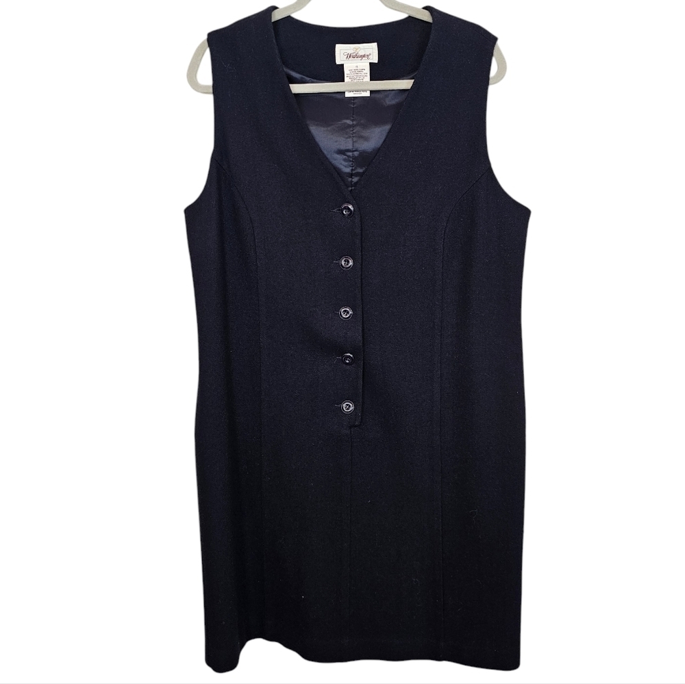 Vintage Wool Button Down Academia Preppy Shift Dress Tie In Back Plus Size